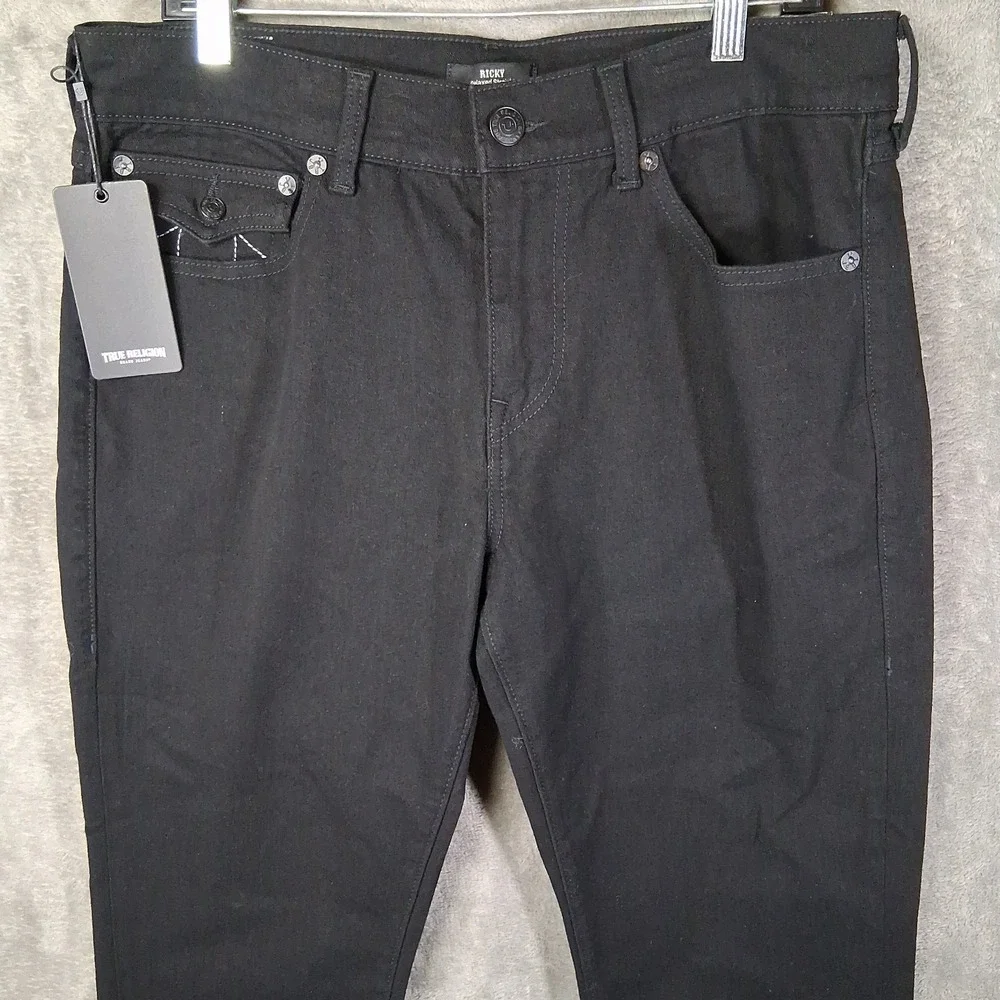 New True Religion Ricky Flap Jeans Mens Size 34x34 Black Relaxed Straight Stretc